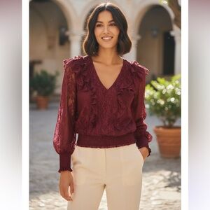 Express Burgundy Lace Ruffle Blouse Romantic‎ Sheer Sleeve Top